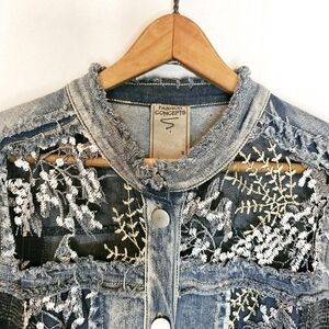 [Fashion Concepts] Cotton Denim Plaid Jacket Floral Embroidery Women's Small